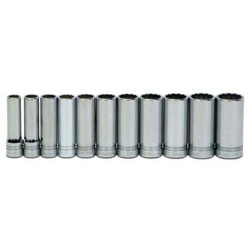 11 pc 1/2" Drive 8-Point SAE Deep Socket Set on Rail and Clips
