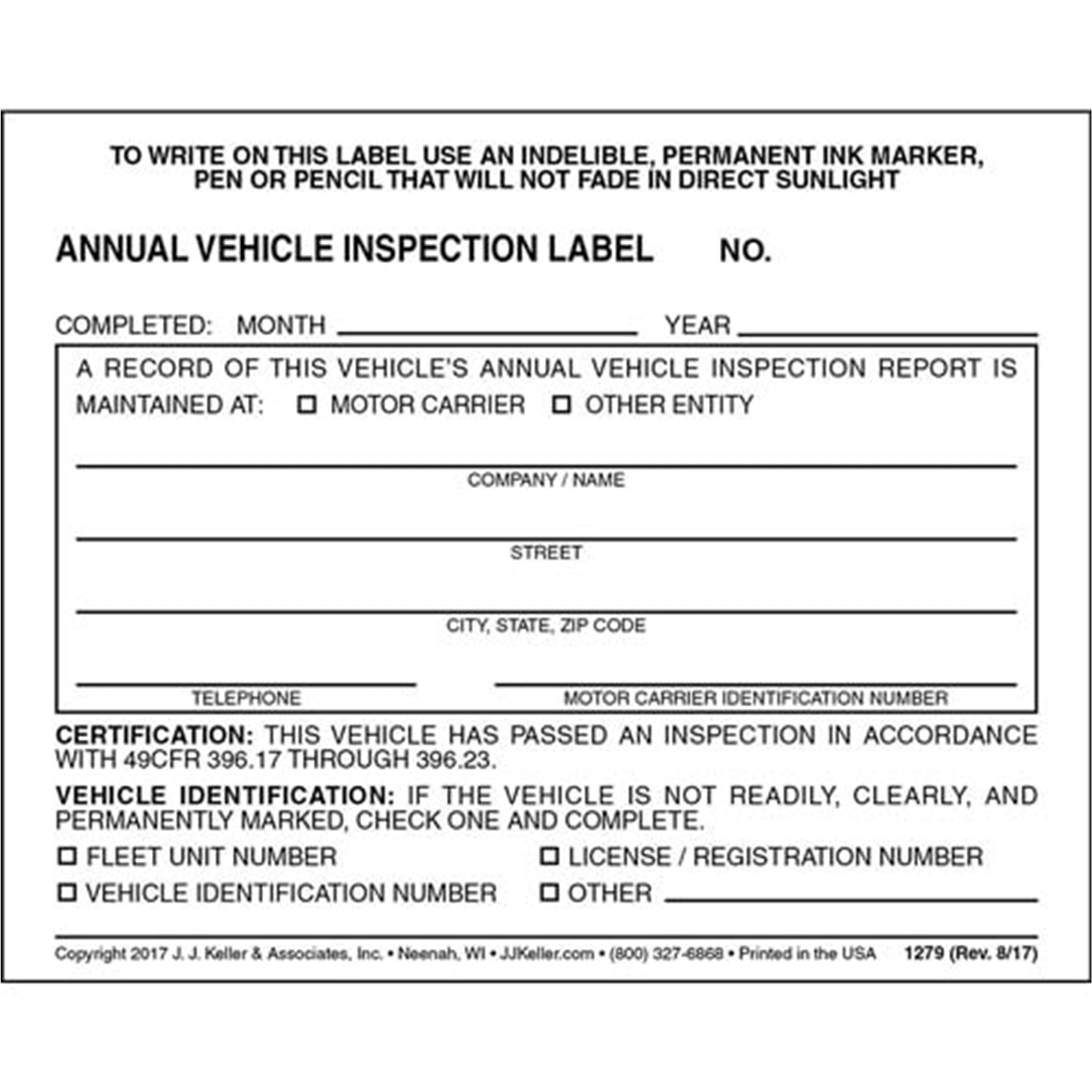 Annual Vehicle Inspection Label - Vinyl w/ Mylar L