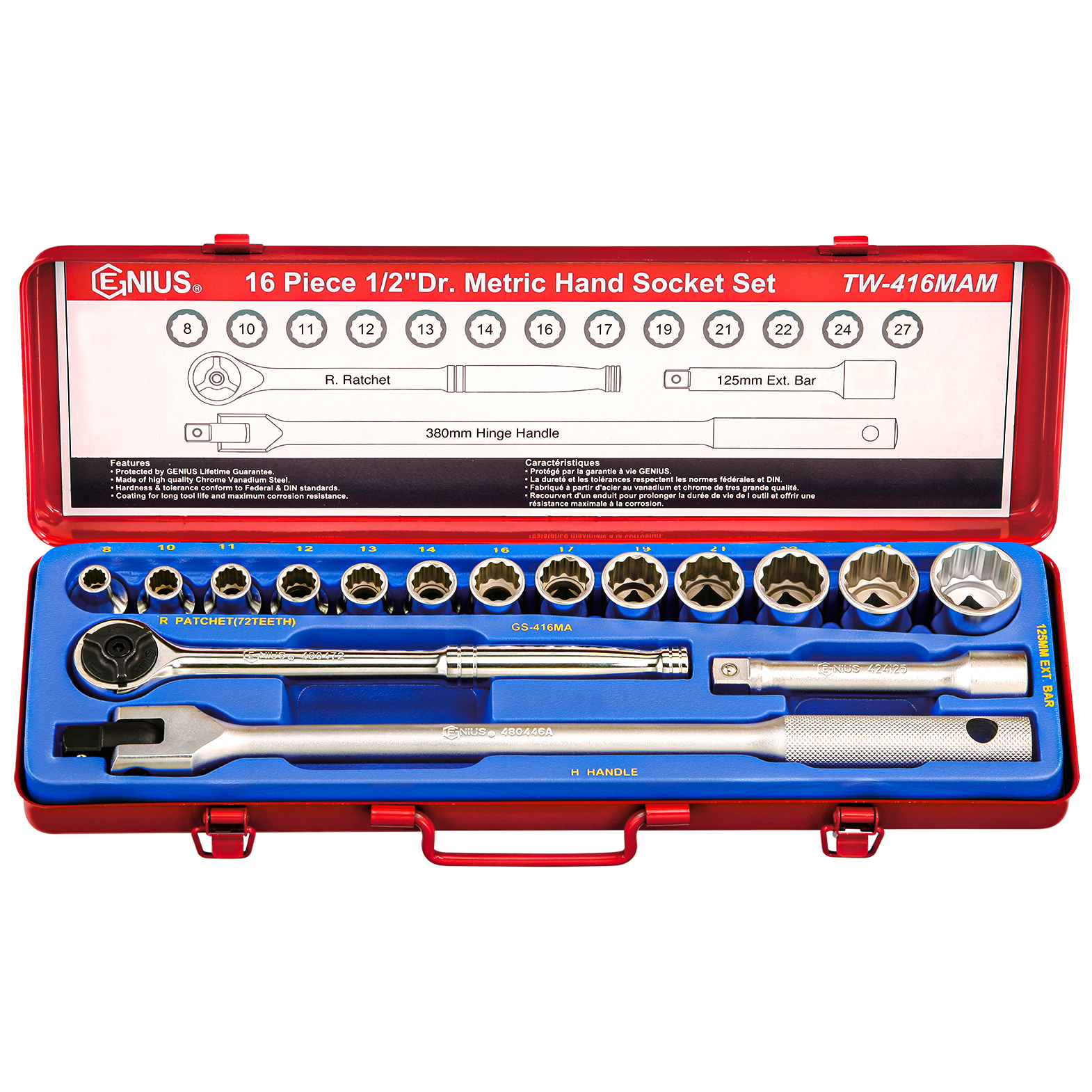 16PC 1/2" Dr. 12-pt. Metric Hand Socket Set