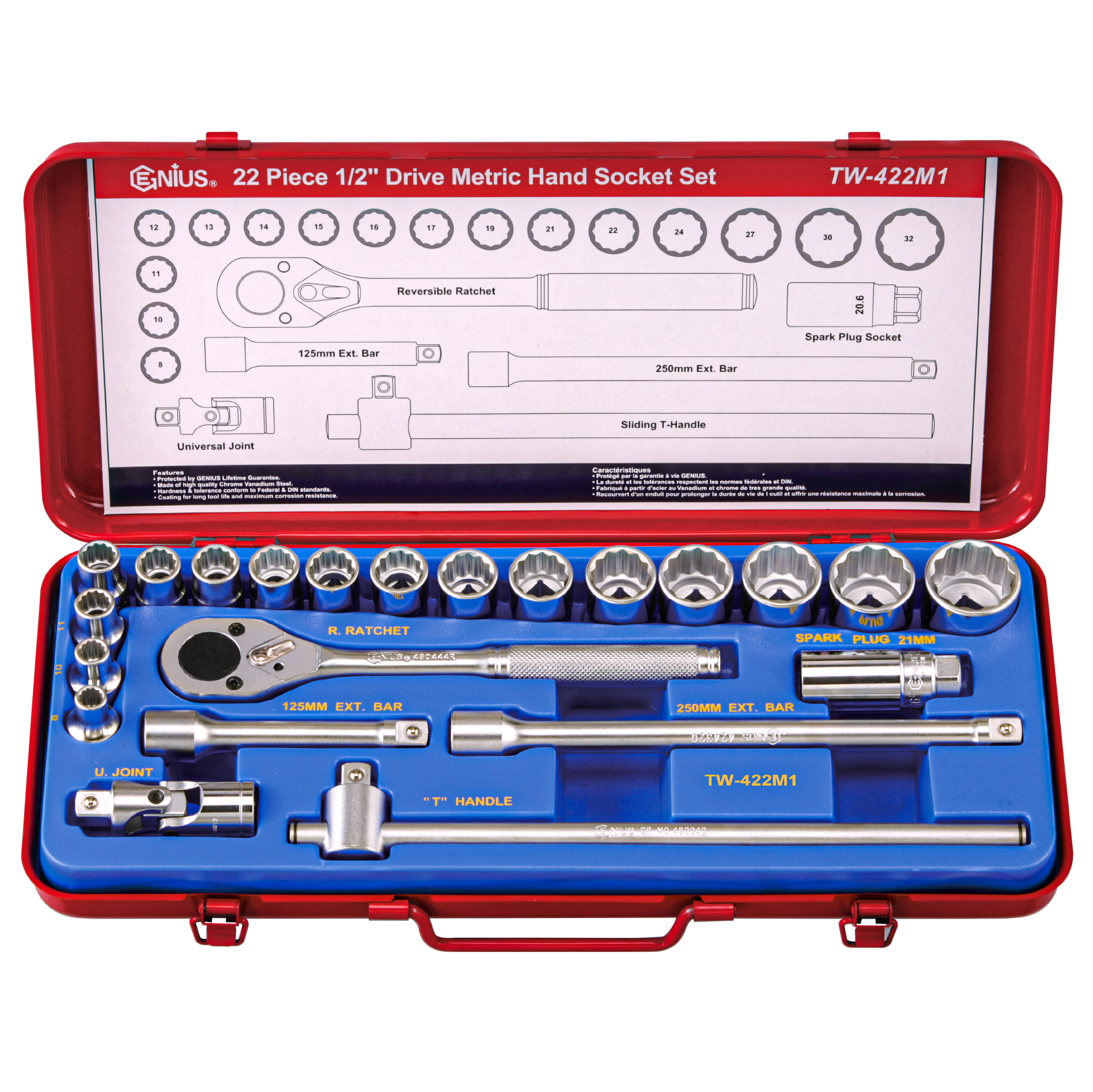 22PC 1/2" Dr. Metric Hand socket set