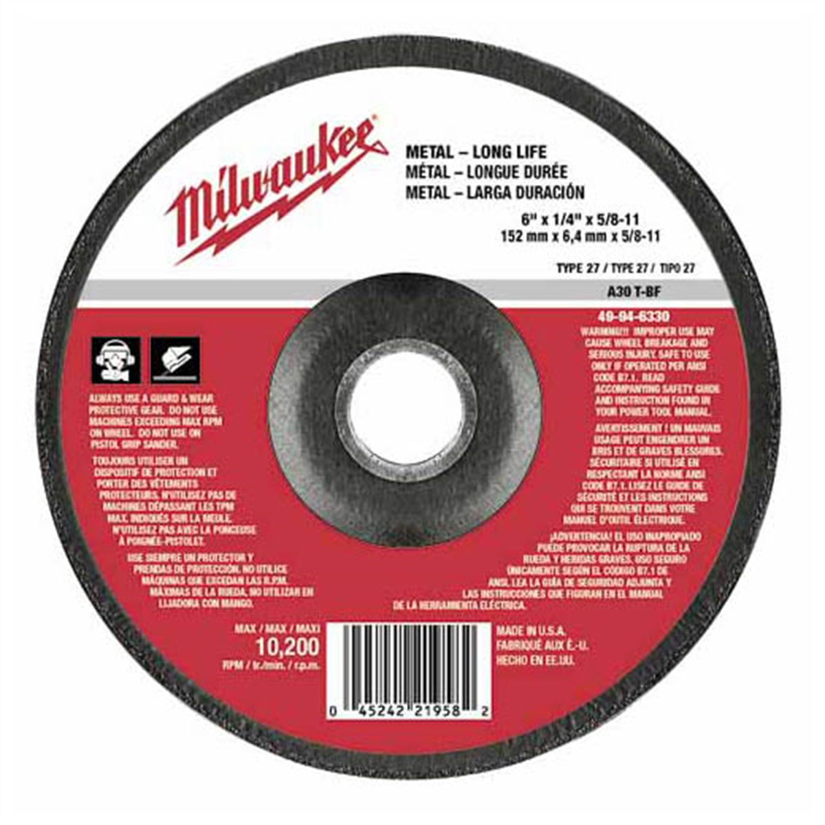 5-PK OF 6"X1/4"X5/8" TYPE 27 GRINDING WHEEL (A24R)