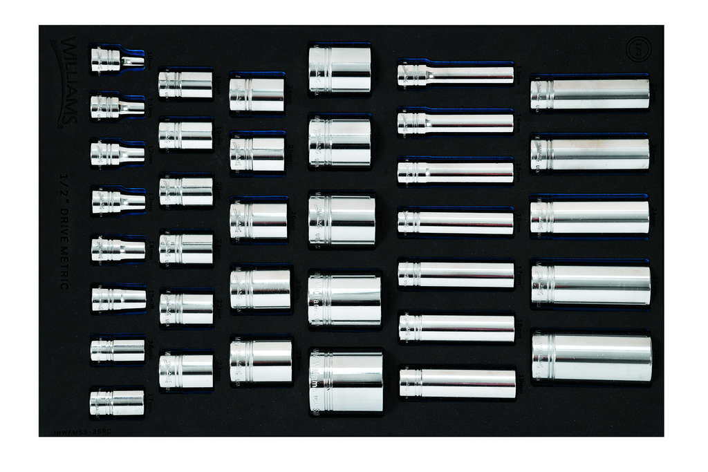 36 pc 1/2 Drive 12-Point Metric Shallow & Deep Socket Set in 1/3