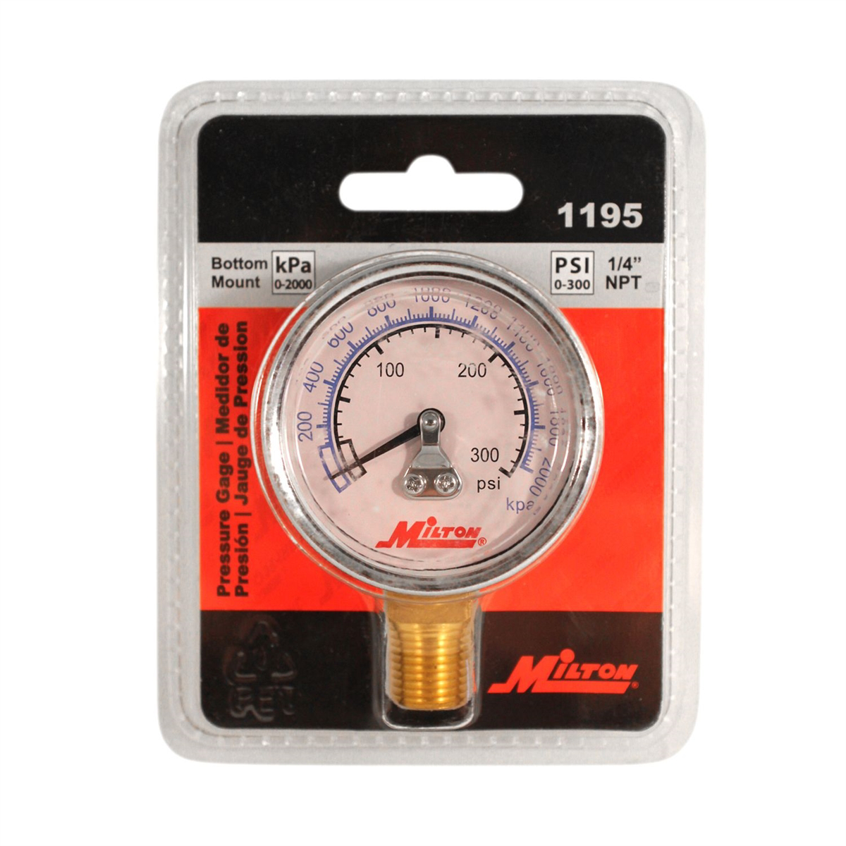 Pressure Gage 1/4 Inch NPT Bottom Mount 0-300 PSI