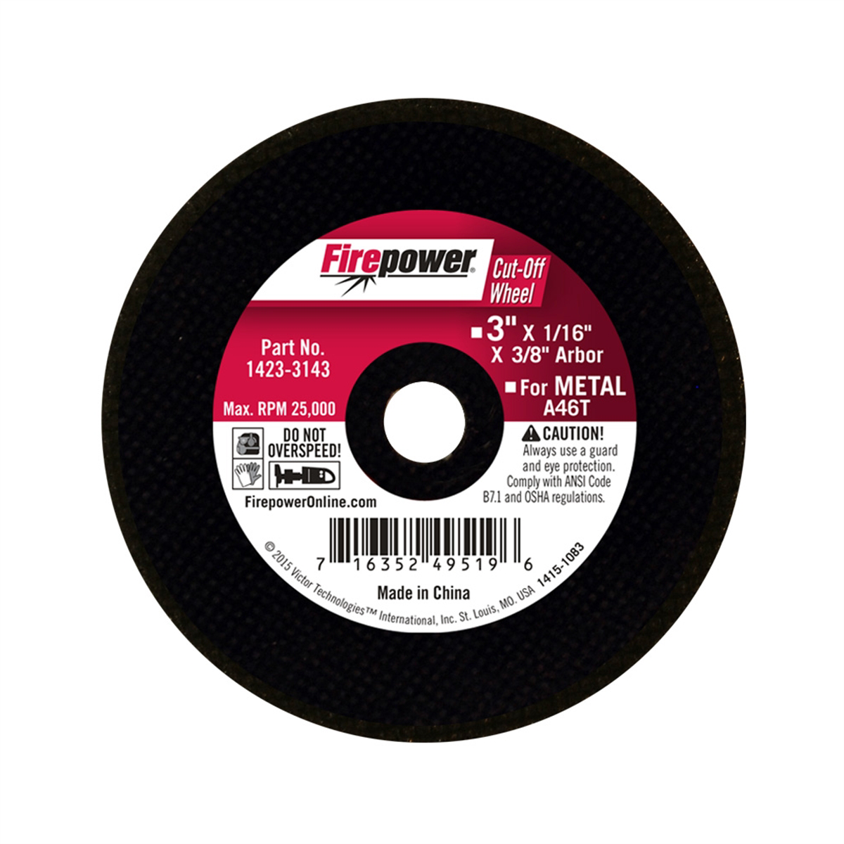 Abrasive Cut-Off Wheel - Type 1 - 3 x 1/16 x 3/8 In