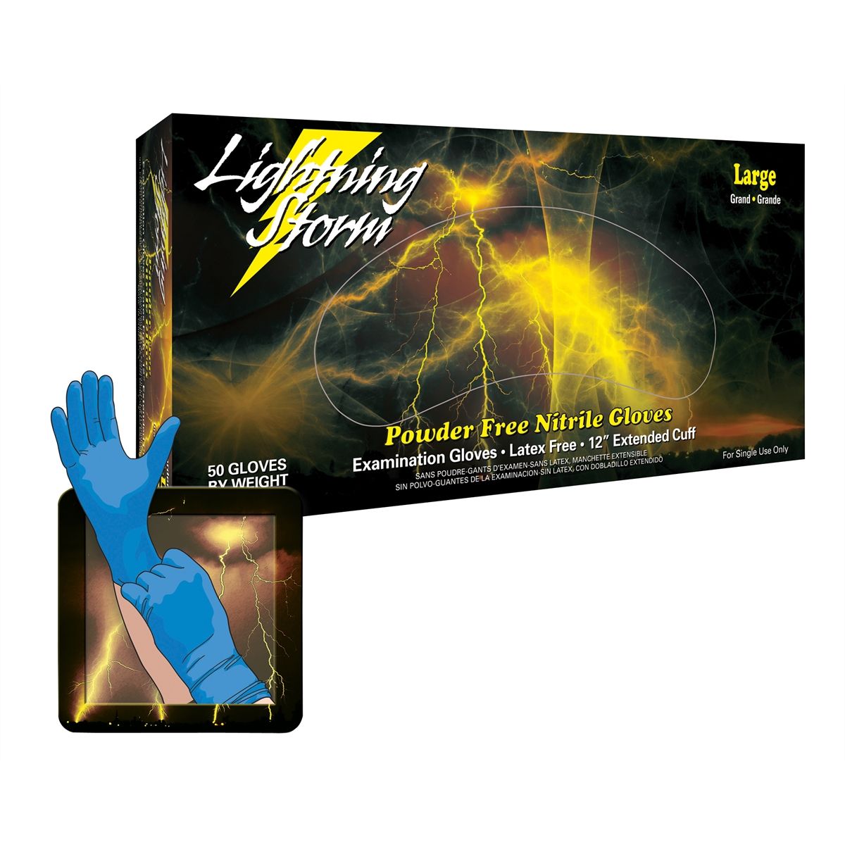 Lightning Storm 12 Inch Powder Free Blue Nitrile Gloves 9 mil Me