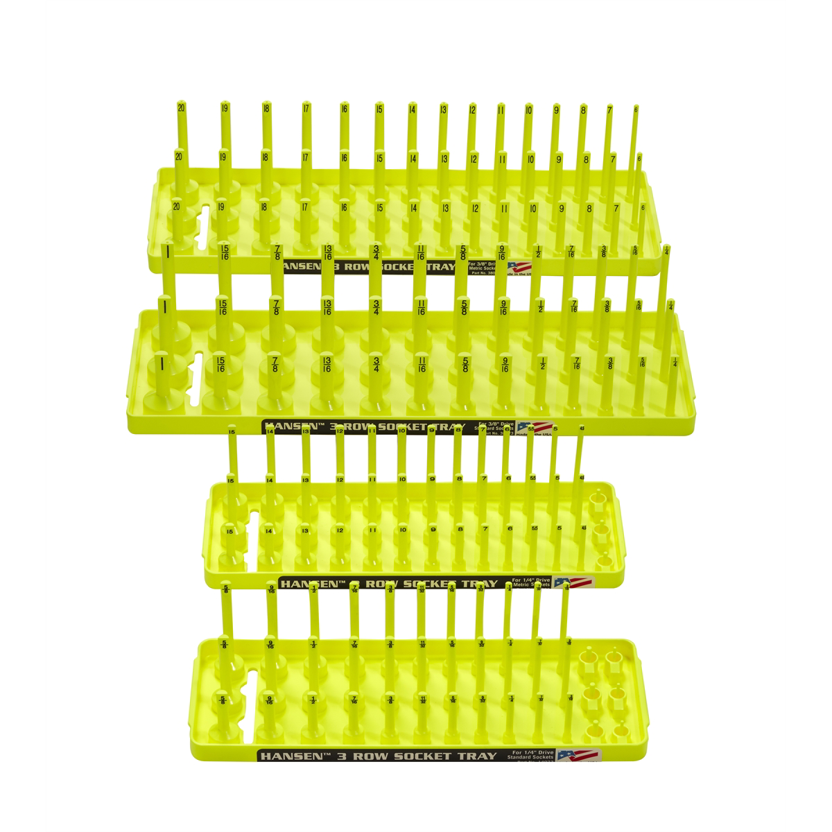 4 Pack 3 Row Socket Holders - Hi-Viz Yellow