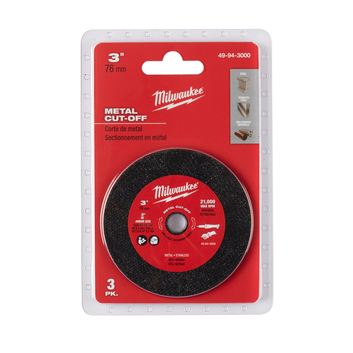 3-pk, 3" Metal Cut Off Wheel MAX 20,000 RPM