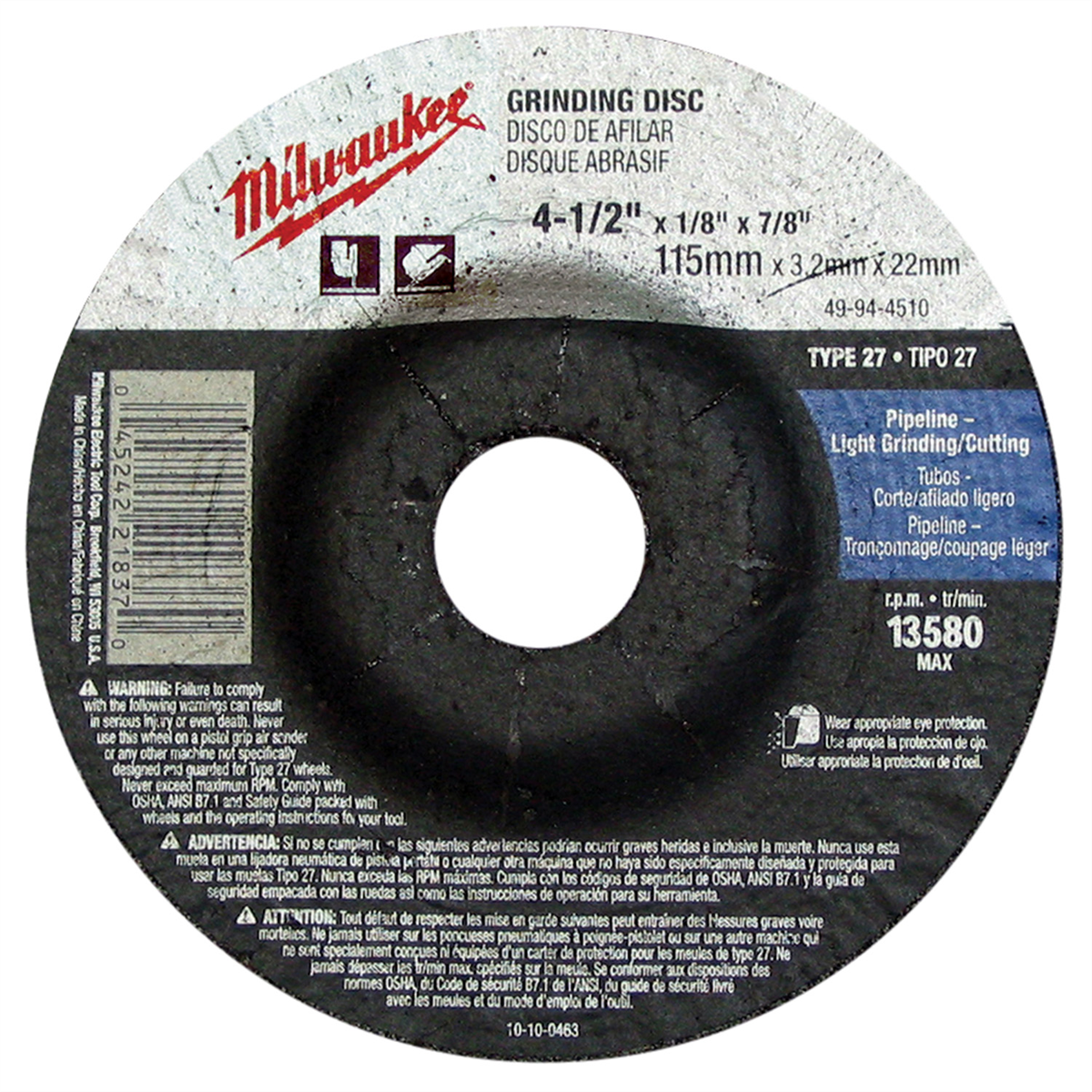 4-1/2" x 1/8" x 7/8" Grinding Wheel (Type 27)