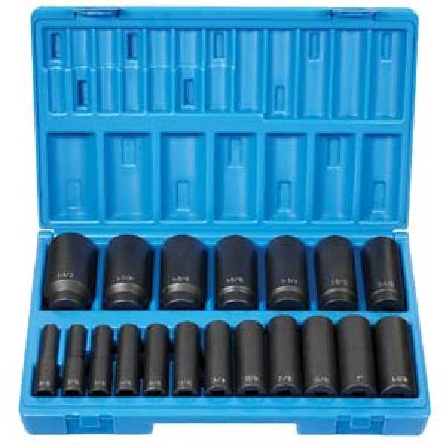 1/2 In Dr 12-Pt Deep Fractional Impact Socket Set - 19-Pc