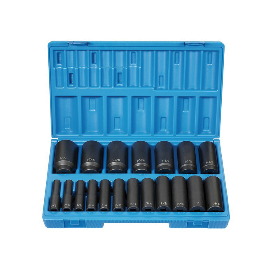 19 Piece 1/2" Drive 12 Point Deep Fractional Impact Socket Set