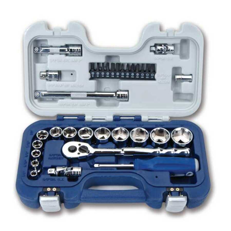 3/8 In Dr Basic Tool Set w/ 1/4 In Hex Screwdriver Bits - 34-Pc