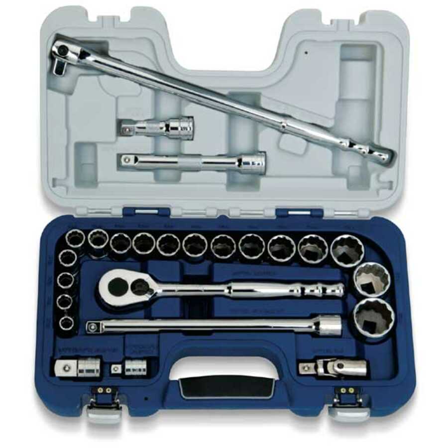 25 pc 1/2" Drive -Point Metric Shallow Basic Tool Set Rugged Cas