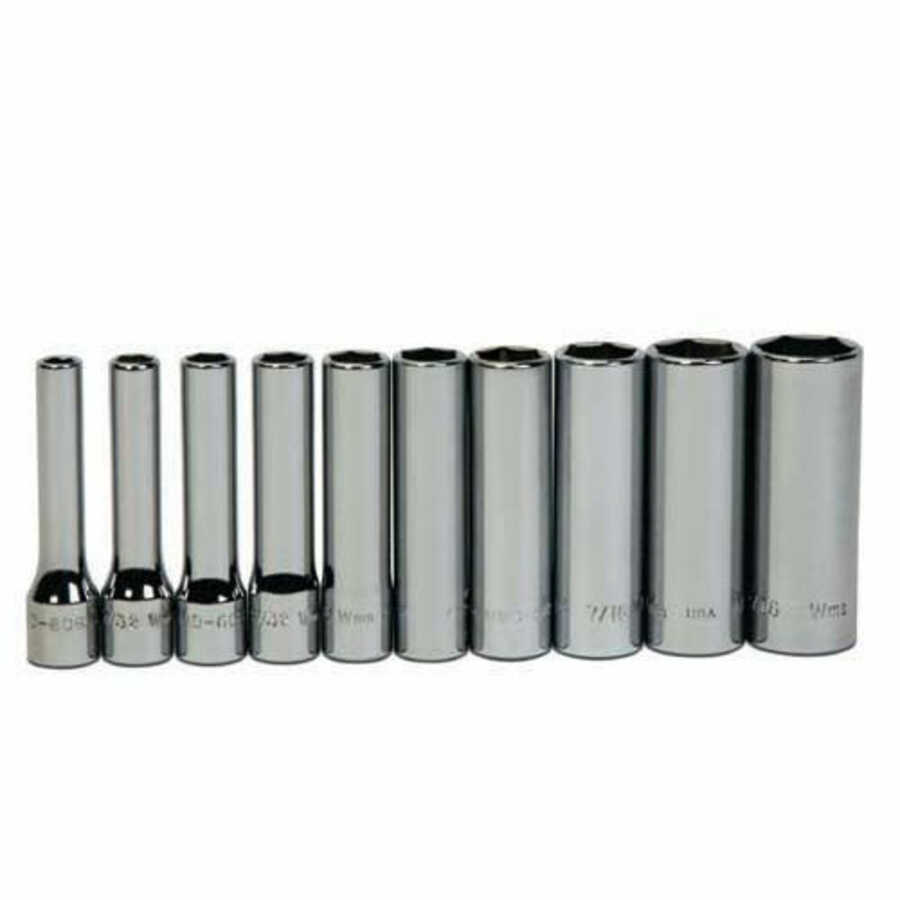 10 pc 1/4" Drive 6-Point SAE Deep Socket Set on Rail and Clips