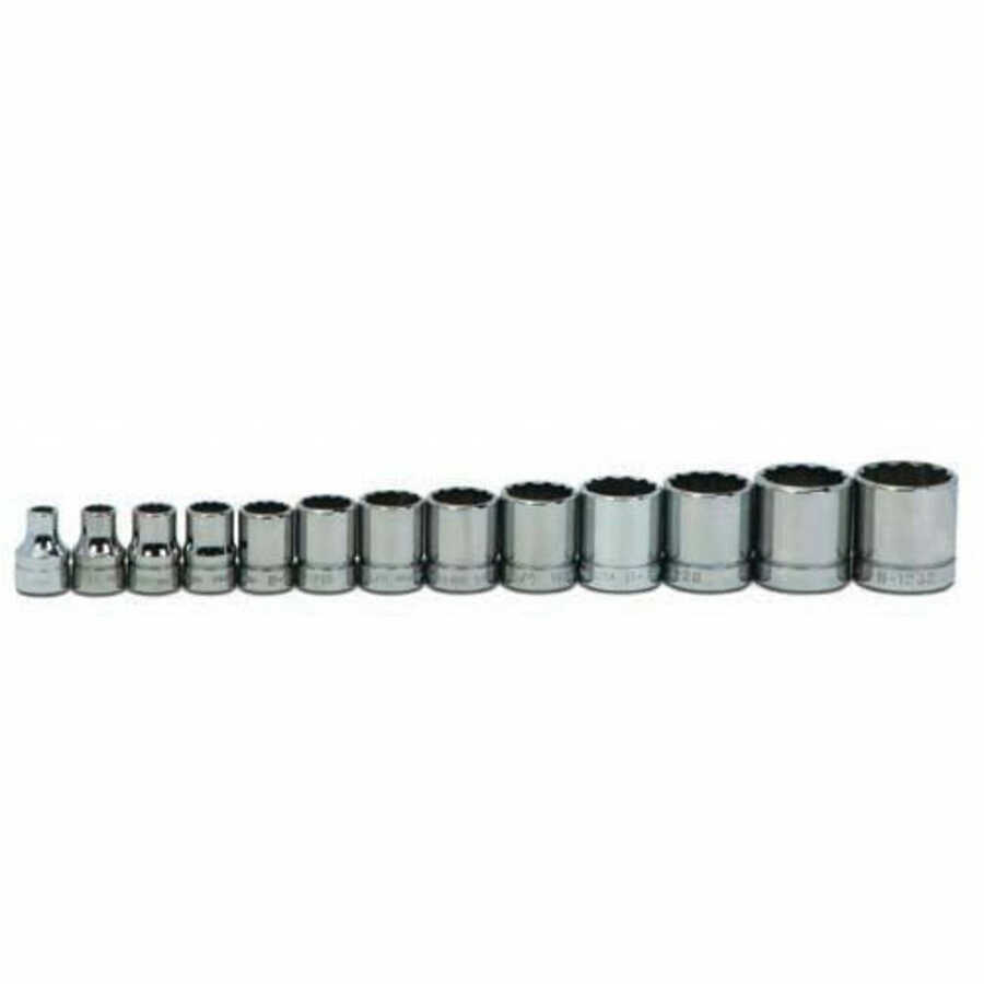13 pc 3/8" Drive 12-Point SAE Shallow Socket Set on Rail and Cli