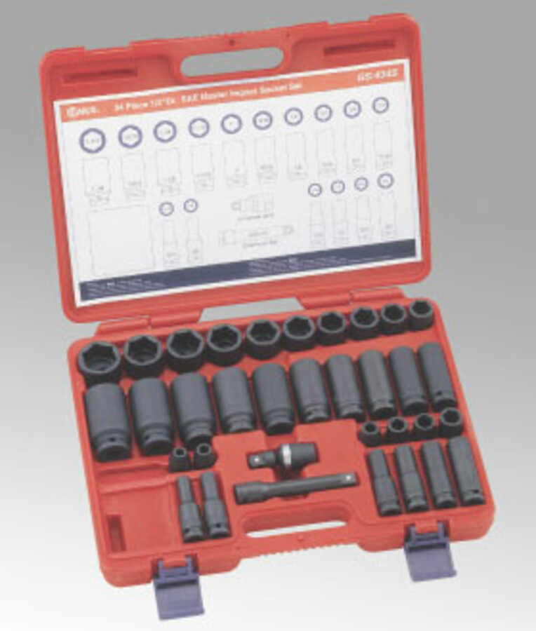 34 Pc 1/2" Drive SAE Master Impact Socket Set