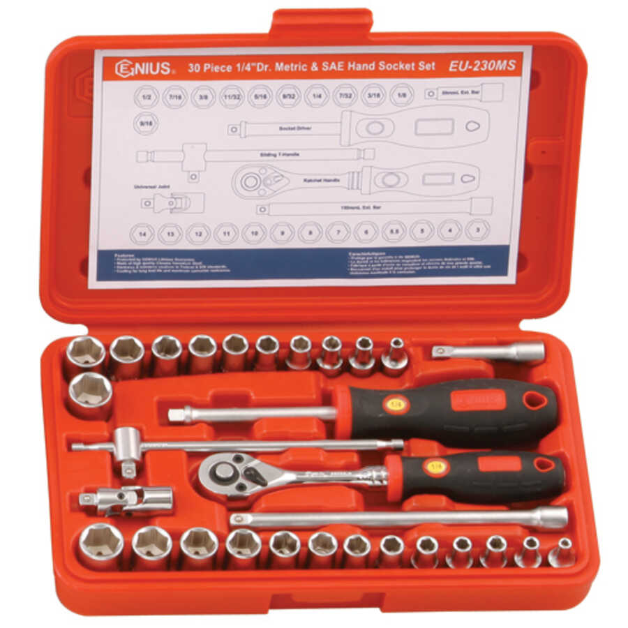 30PC 1/4" Dr. Metric & SAE Hand Socket Set