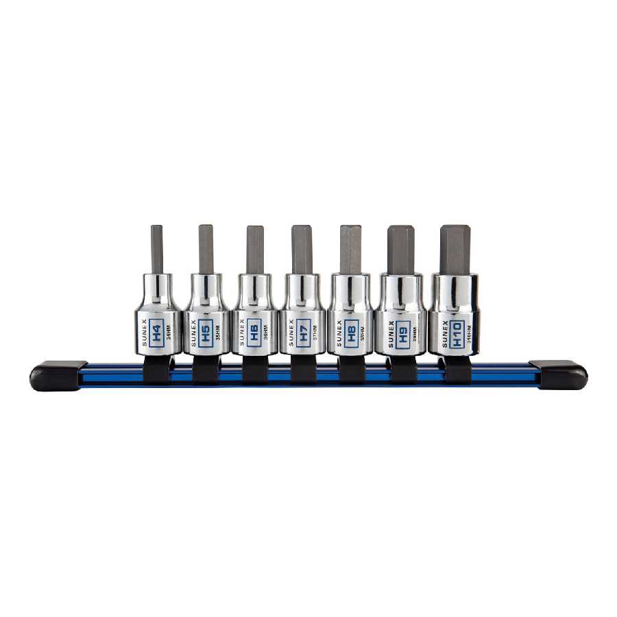 7PC 3/8\" DR Chrome Hex Bit Socket Rail - Metric