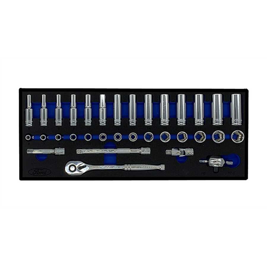 33PC 3/8 DR MET 6 PT STD AND DP SOCKET SET FORD