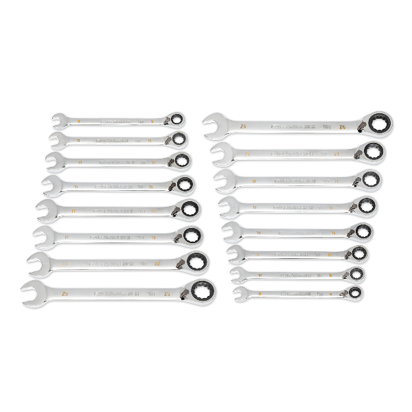 16 Pc. 90-Tooth 12 Point Metric Reversible Ratcheting Wrench Set