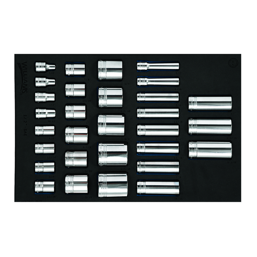 30 pc 1/2" Drive 12-Point SAE Shallow & Deep Socket Set in 1/3 F