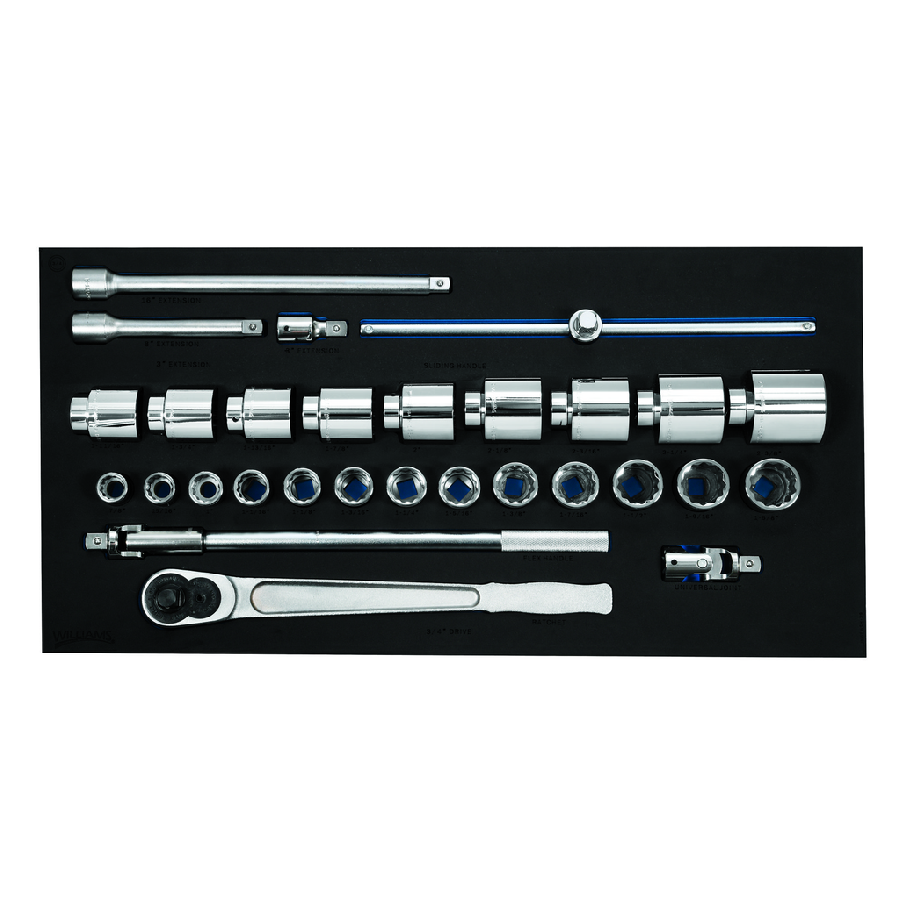 29 pc 3/4 Drive 12-Point SAE Socket and Drive Tool Set in 3/3 Fo