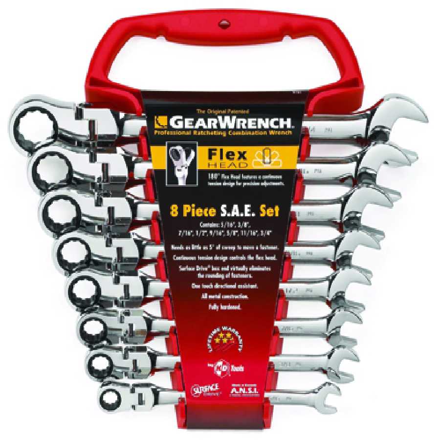 SAE Flex Head Combo GearWrench Set - 8-Pc w/ Wrench Rack