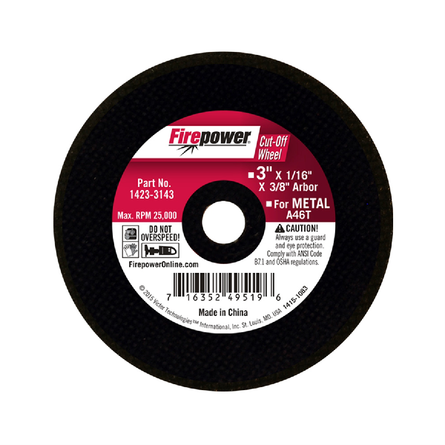 Abrasive Cut-Off Wheel - Type 1 - 3 x 1/16 x 3/8 In