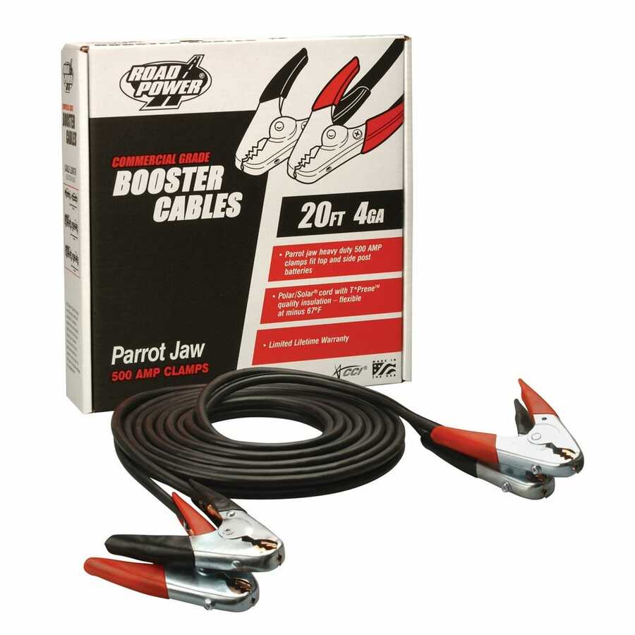 4 Gauge, 20 Foot Booster Cables w/ Parrot Jaw Clamp