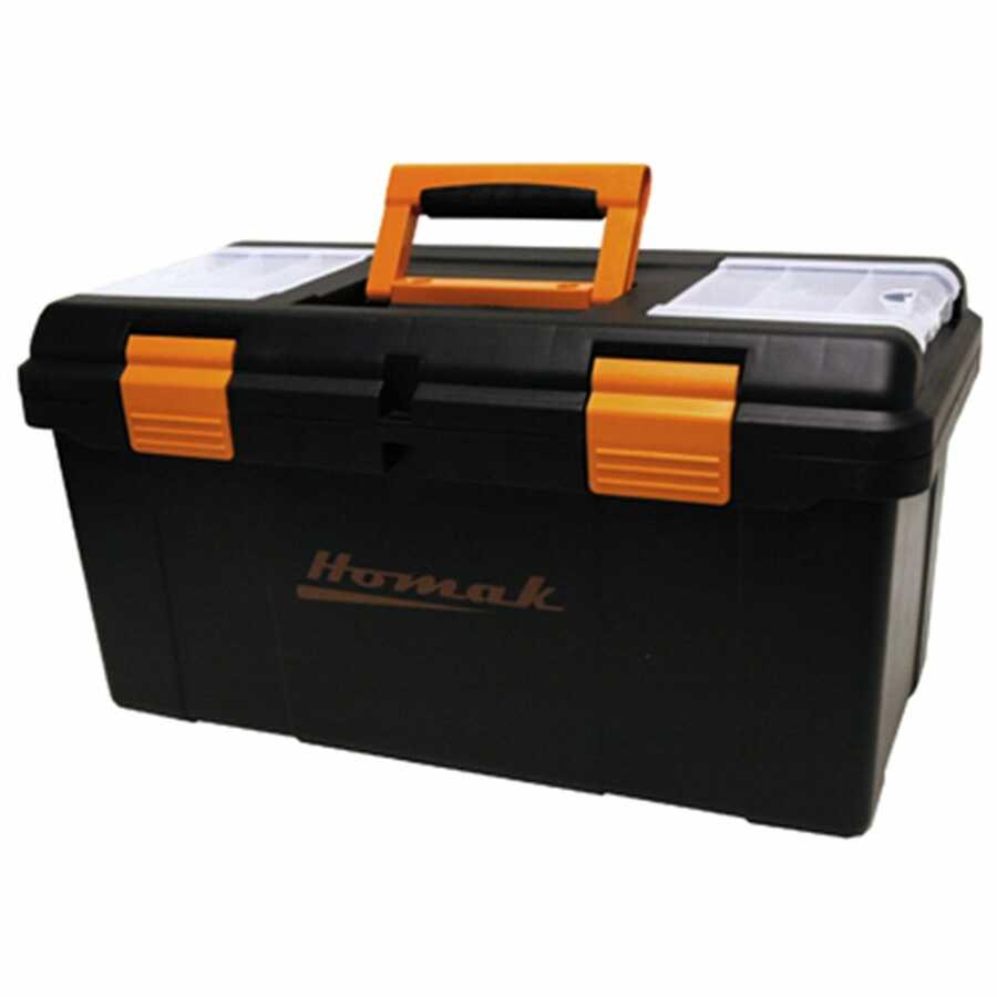 22" Black Plastic Tool Box w/ Beveled Lid, Tray & Dividers