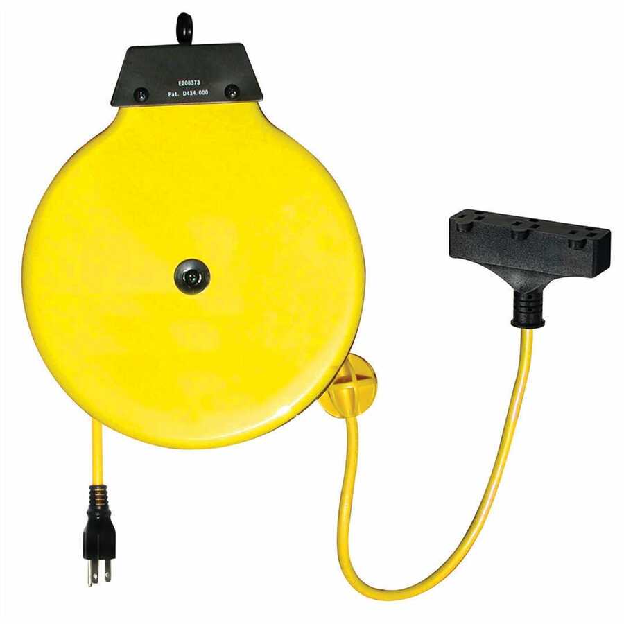 K Tool International 73340 - Retractable Extension Cord Reel with 30'  Yellow Cord and Tri-Tap Indoor Plug
