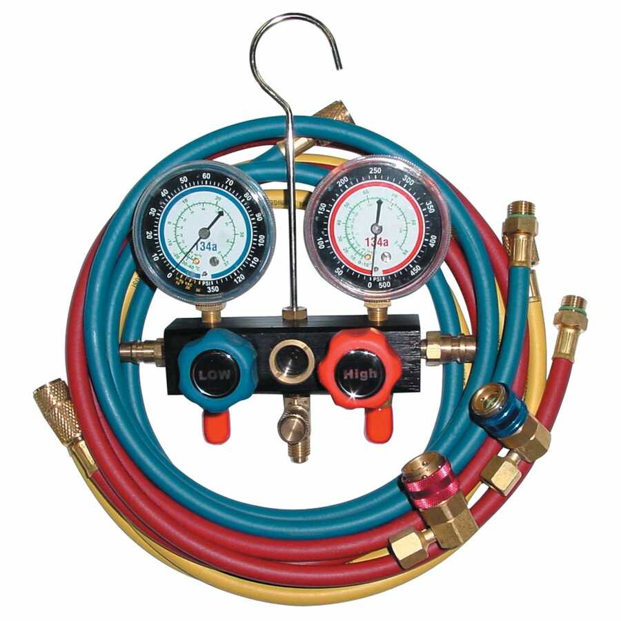 R134a Aluminum Block Manifold Gauge Set w/ Hoses, 90 Deg Coupler