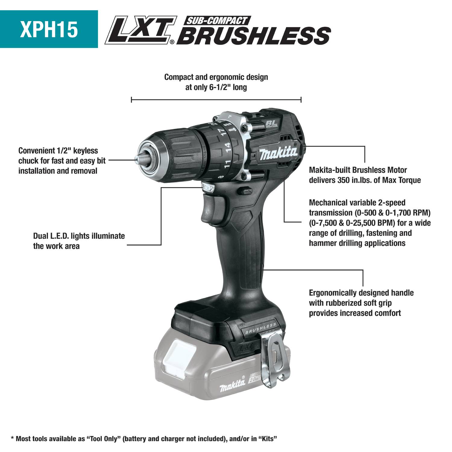 18V LXT Sub?Compact Brushless Cordless 1/2" Hammer...